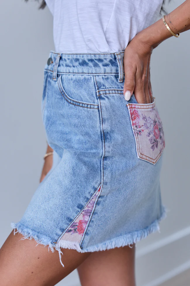 Addison Floral Inset Denim Mini Skirt - Image 4