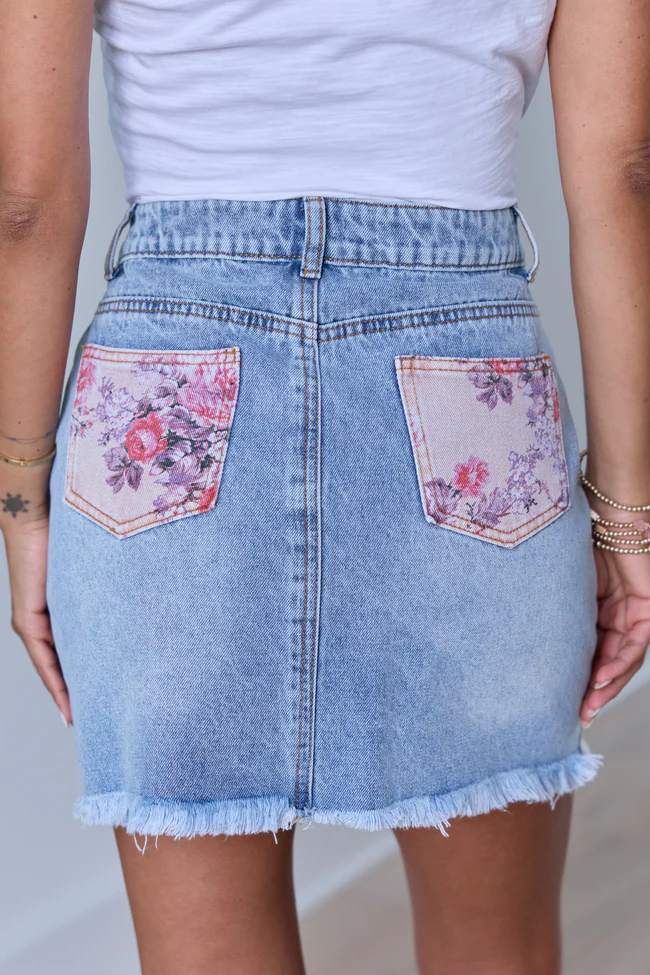 Addison Floral Inset Denim Mini Skirt - Image 5