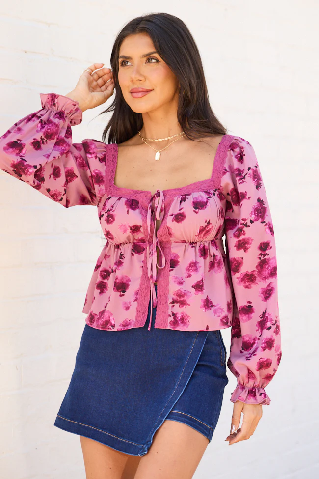 Adrienne Pink Floral Lace Trim Tie Top FINAL SALE - Image 2