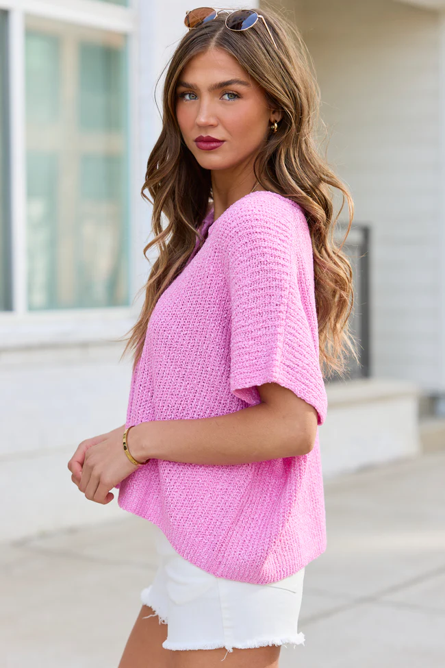 Alana Pink Open Knit Short Sleeve Sweater - Image 4
