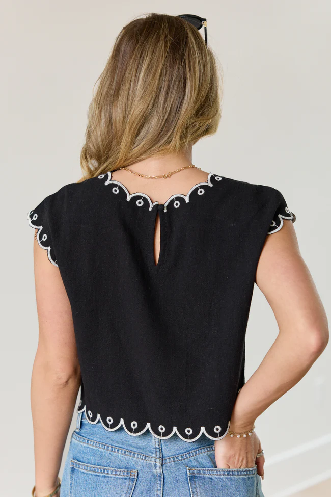 Amaya Cap Sleeve Black Embroidered Woven Top SALE - Image 5