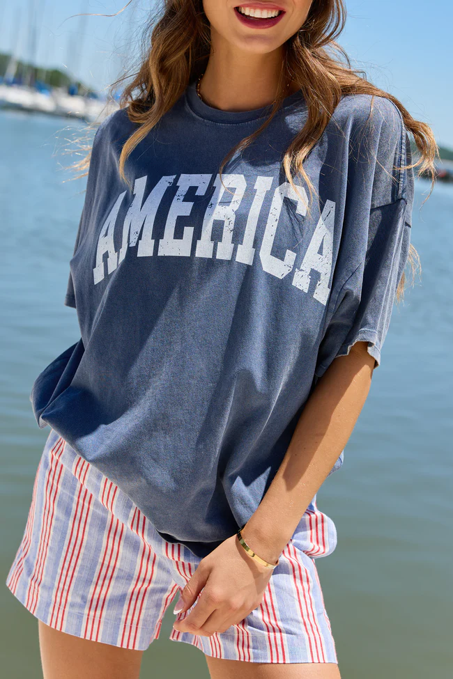 America Distressed Navy Oversized Graphic Tee - Image 3