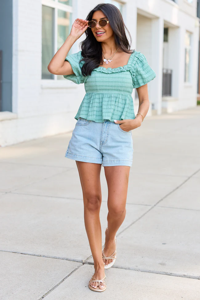 Amie Teal Plaid Ruffle Trim Babydoll Top - Image 2