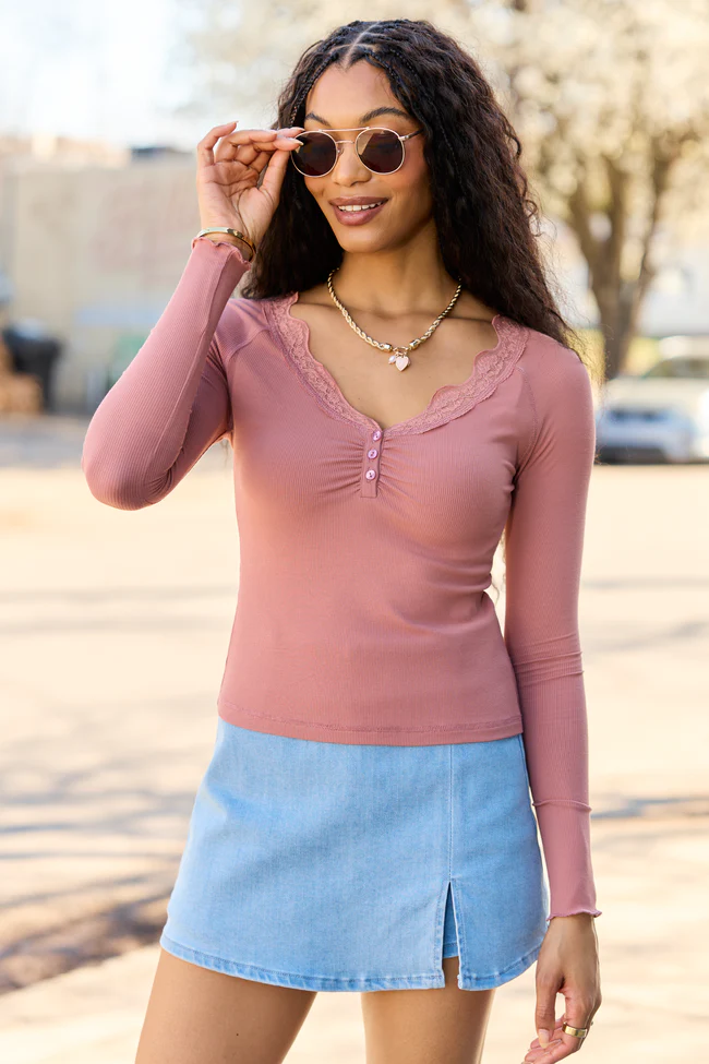 Amity Blush Long Sleeve Lace Trim Top - Image 3