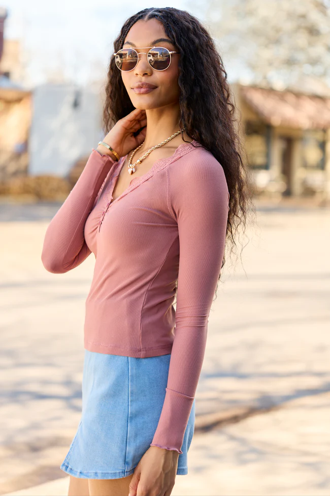 Amity Blush Long Sleeve Lace Trim Top - Image 4