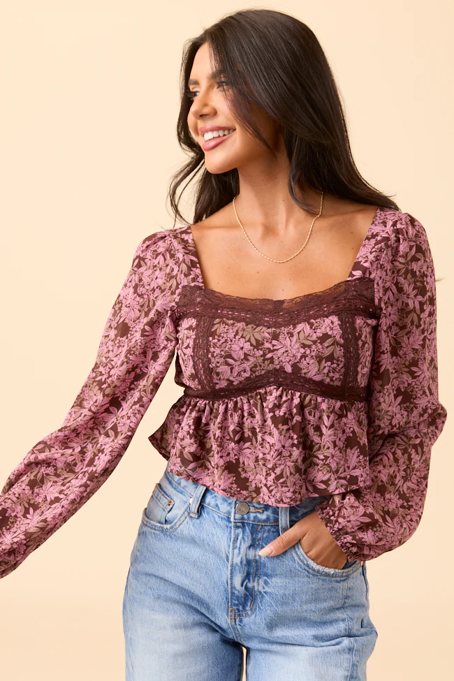 Ann Maria Brown And Pink Floral Lace Trim Blouse FINAL SALE