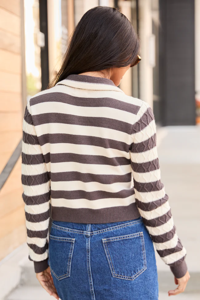 Arabella Brown Striped Cable Knit Crewneck FINAL SALE - Image 4