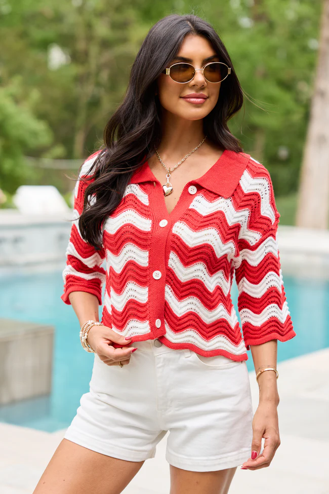 Ariel Red And White Striped Short Sleeve Cardigan - Image 3
