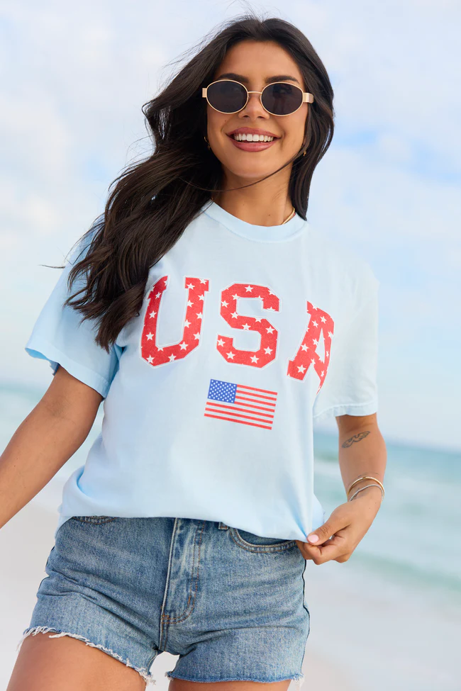 Athletic USA Flag Star Print Light Blue Graphic Tee