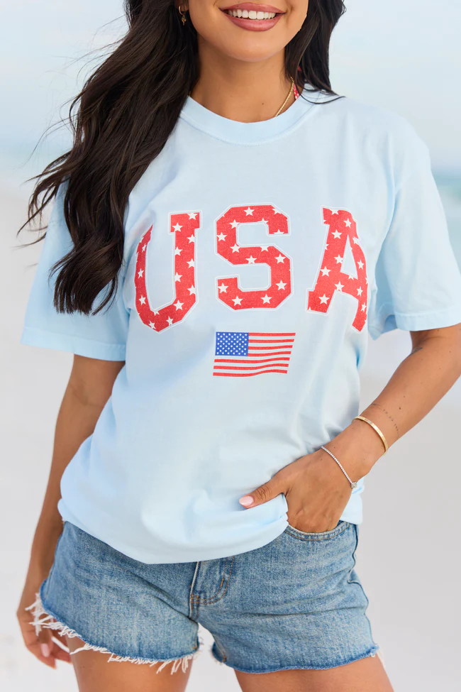 Athletic USA Flag Star Print Light Blue Graphic Tee - Image 2