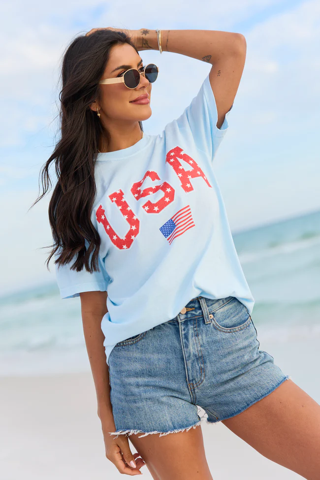 Athletic USA Flag Star Print Light Blue Graphic Tee - Image 3