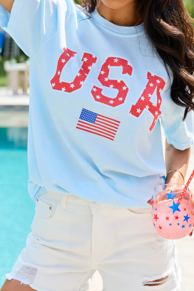 Athletic USA Flag Star Print Light Blue Graphic Tee - Image 5