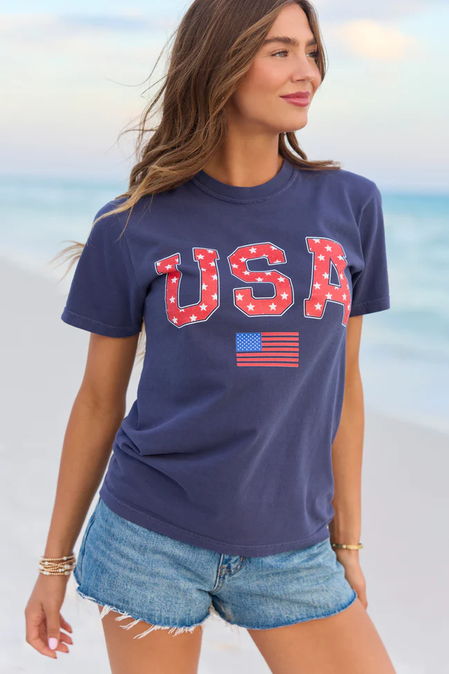 Athletic USA Flag Star Print Navy Graphic Tee - Image 3