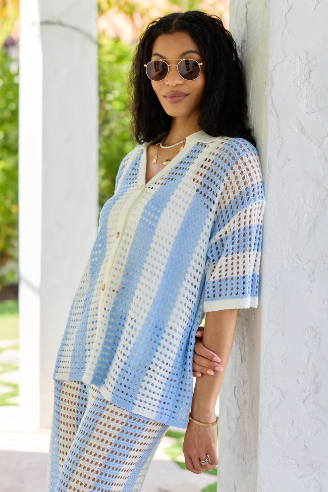Blue Stripe Crochet Cover-Up Top SALE