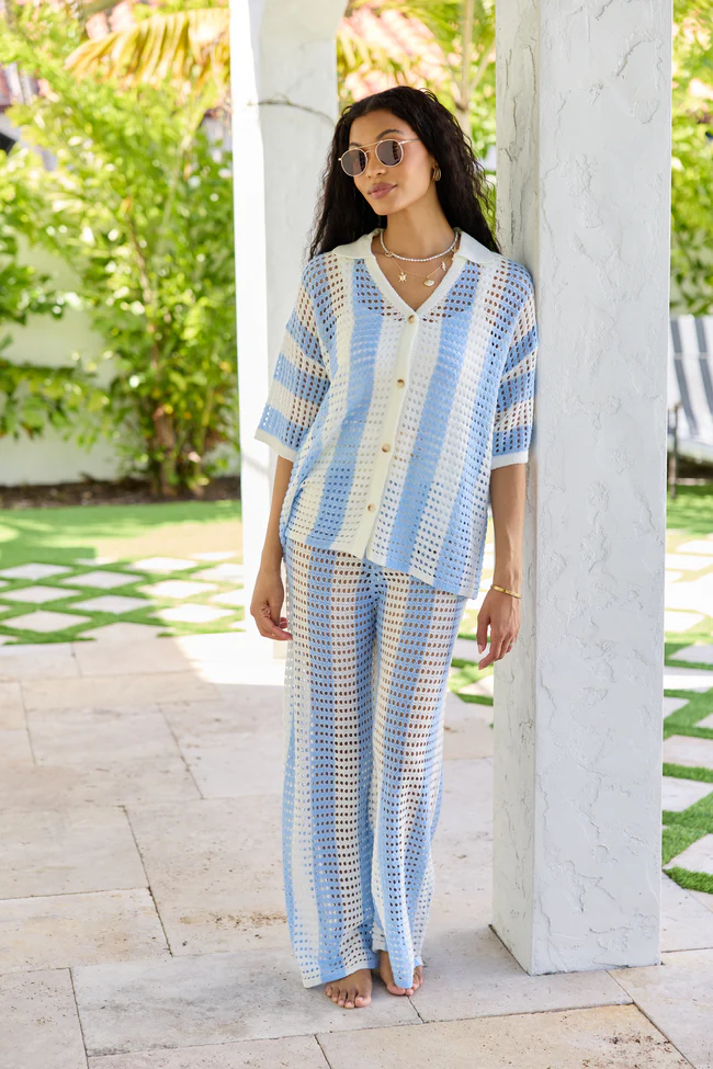 Blue Stripe Crochet Cover-Up Top SALE - Image 2