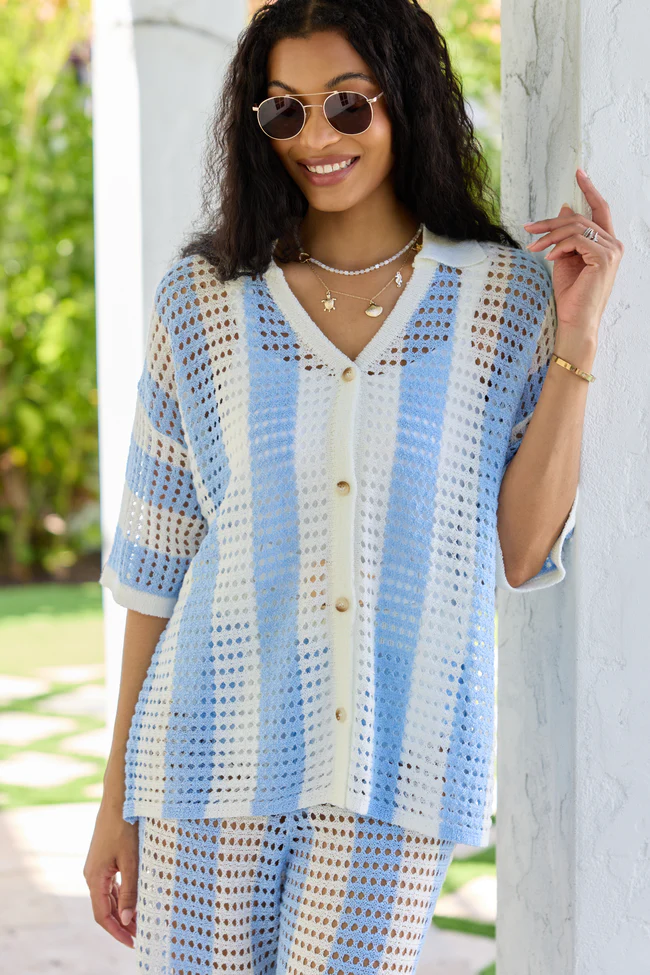 Blue Stripe Crochet Cover-Up Top SALE - Image 3
