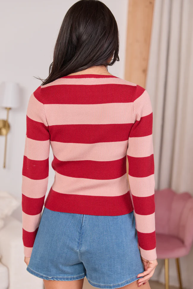 Brandy Red Striped Fitted Crewneck Sweater FINAL SALE - Image 4