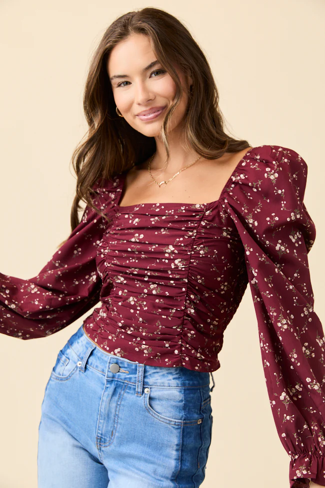 Brittney Ruched Claret Floral Top FINAL SALE