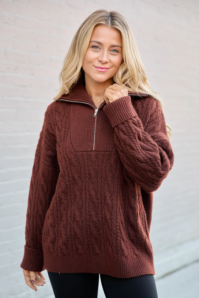 Chismer Brown Cable Knit Zip Up Sweater FINAL SALE