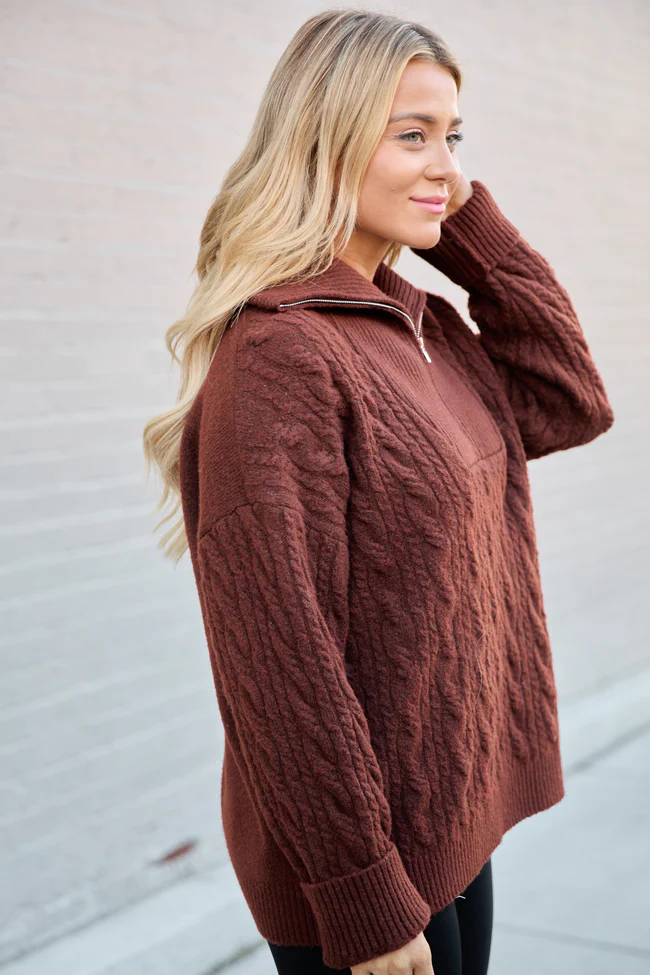 Chismer Brown Cable Knit Zip Up Sweater FINAL SALE - Image 3