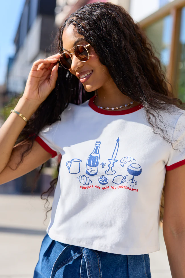 Croissants For Dinner White Graphic Cropped Tee SALE