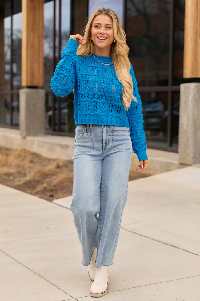 Devyn Blue Wavy Knit Crewneck Sweater FINAL SALE - Image 2