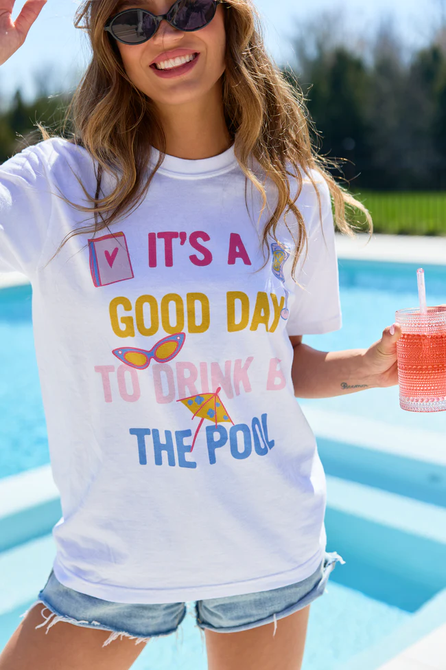 Drink By The Pool White Graphic Tee - Image 4