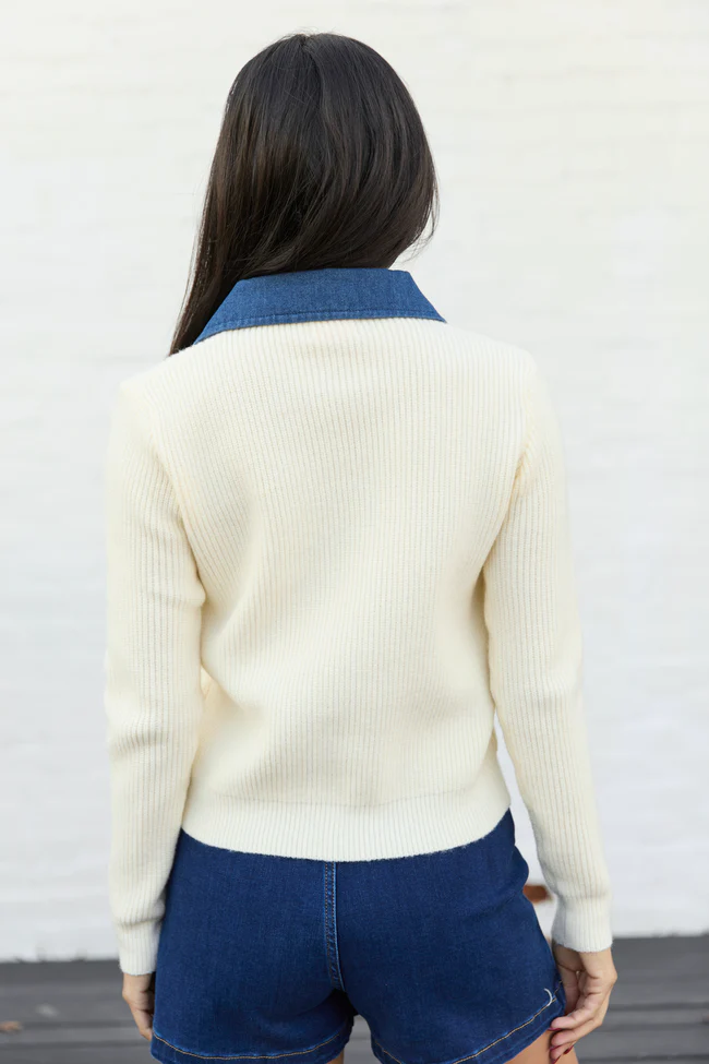 Elizabeth Denim And Ivory Collared Cardigan FINAL SALE - Image 4