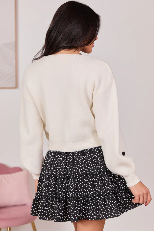 Eve Ivory Cropped Black Hearts Tie Front Cardigan FINAL SALE - Image 5