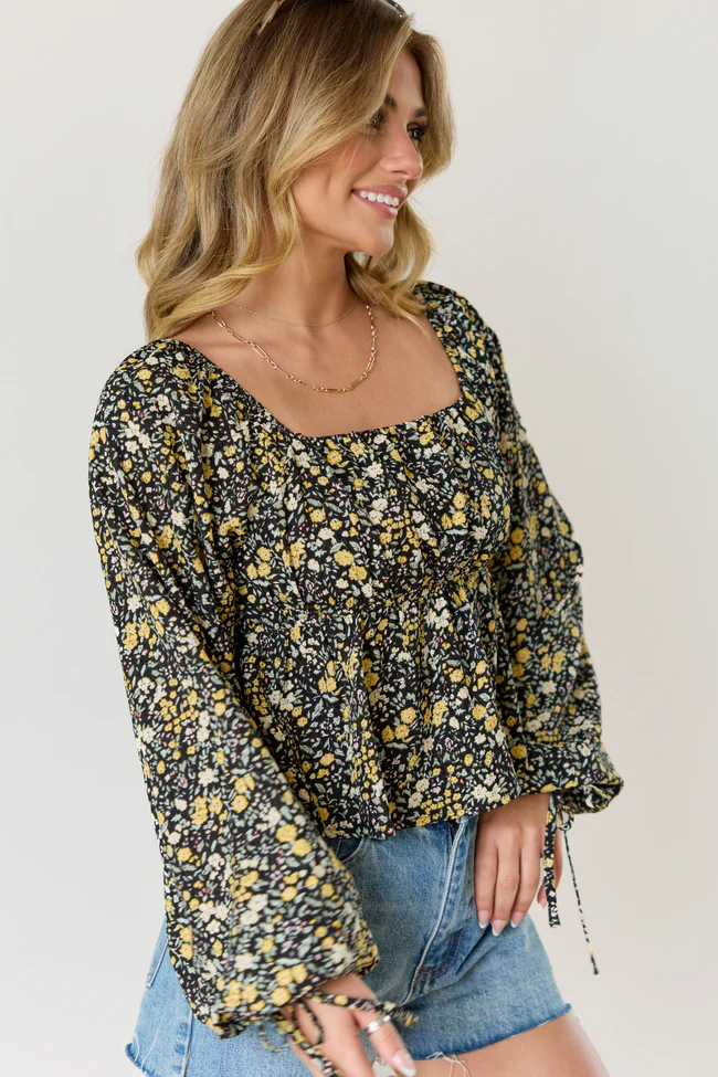 Evelina Black And Yellow Floral Ruched Babydoll Top SALE - Image 3