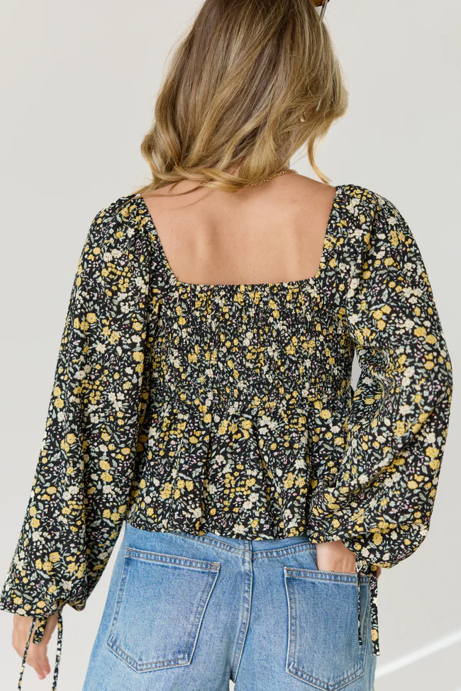 Evelina Black And Yellow Floral Ruched Babydoll Top SALE - Image 4