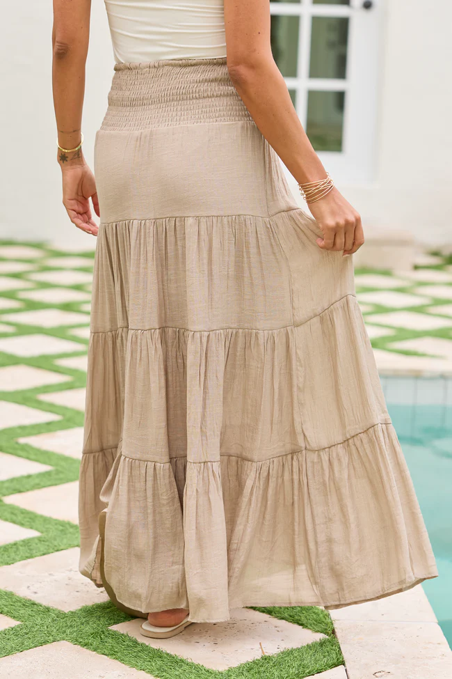 Giselle Taupe Smocked Waist Maxi Skirt - Image 5