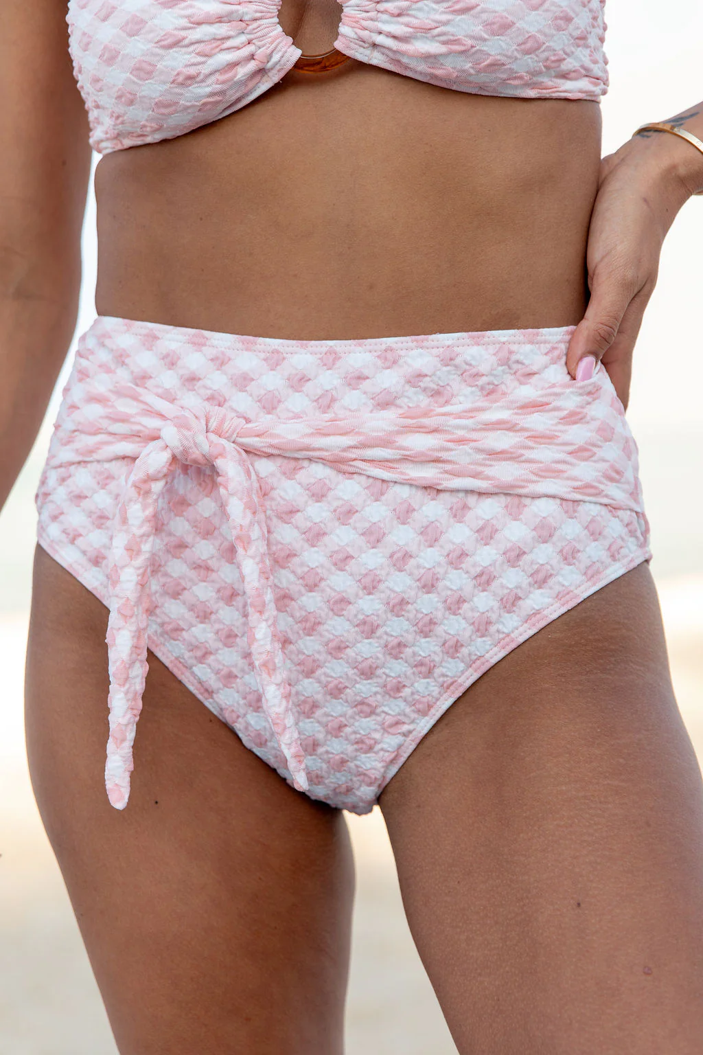 Golden Isle Pink Textured Tie Detail Bikini Bottom SALE