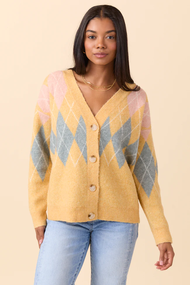 Harlow Yellow Argyle Plaid Cardigan FINAL SALE - Image 2