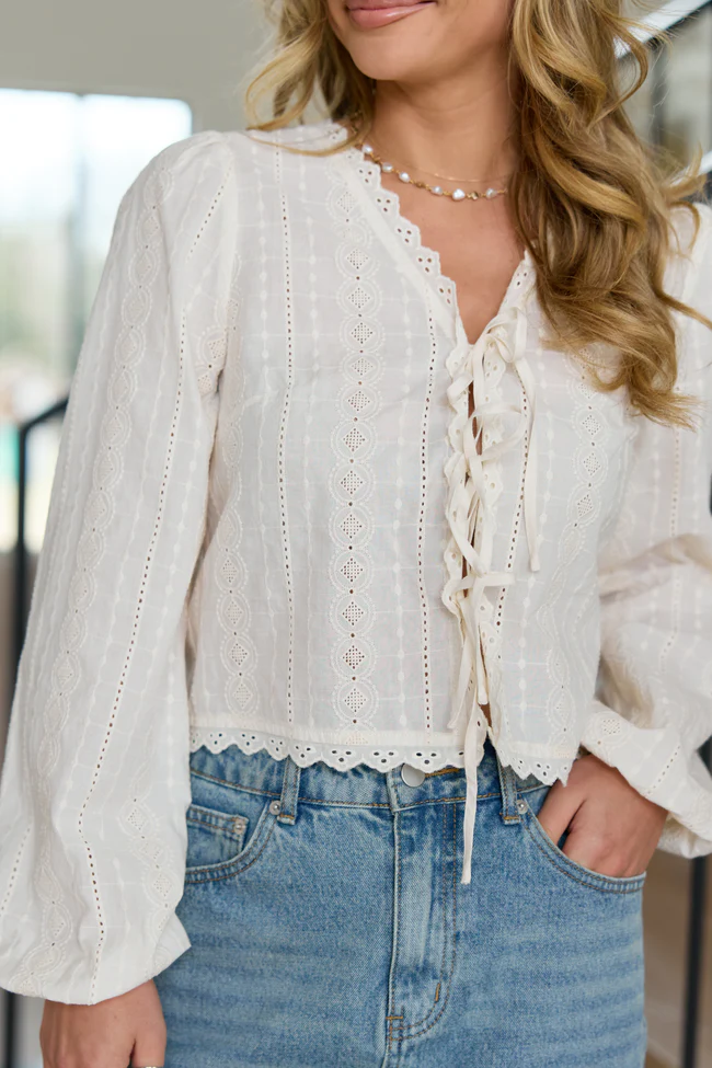 Harper Ivory Eyelet Tie Front Top SALE - Image 5