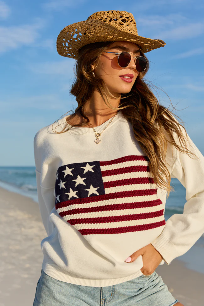 Home Of The Free Ivory Textured Flag Sweater DOORBUSTER - Image 2