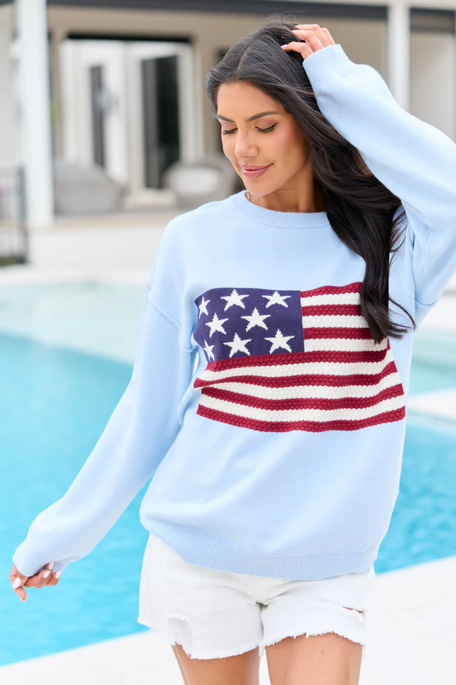 Home Of The Free Light Blue Textured Flag Sweater DOORBUSTER - Image 5
