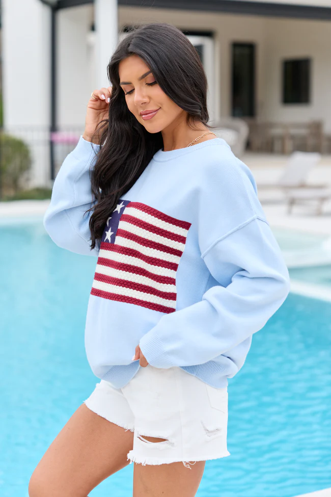 Home Of The Free Light Blue Textured Flag Sweater DOORBUSTER - Image 6