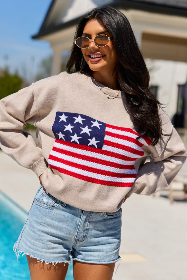 Home Of The Free Taupe Textured Flag Sweater DOORBUSTER