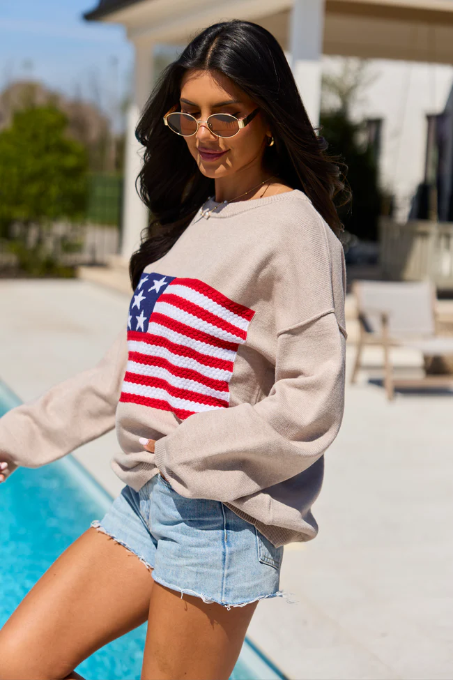 Home Of The Free Taupe Textured Flag Sweater DOORBUSTER - Image 3