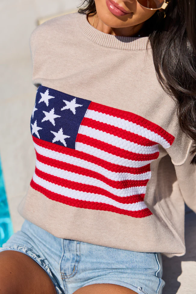 Home Of The Free Taupe Textured Flag Sweater DOORBUSTER - Image 5