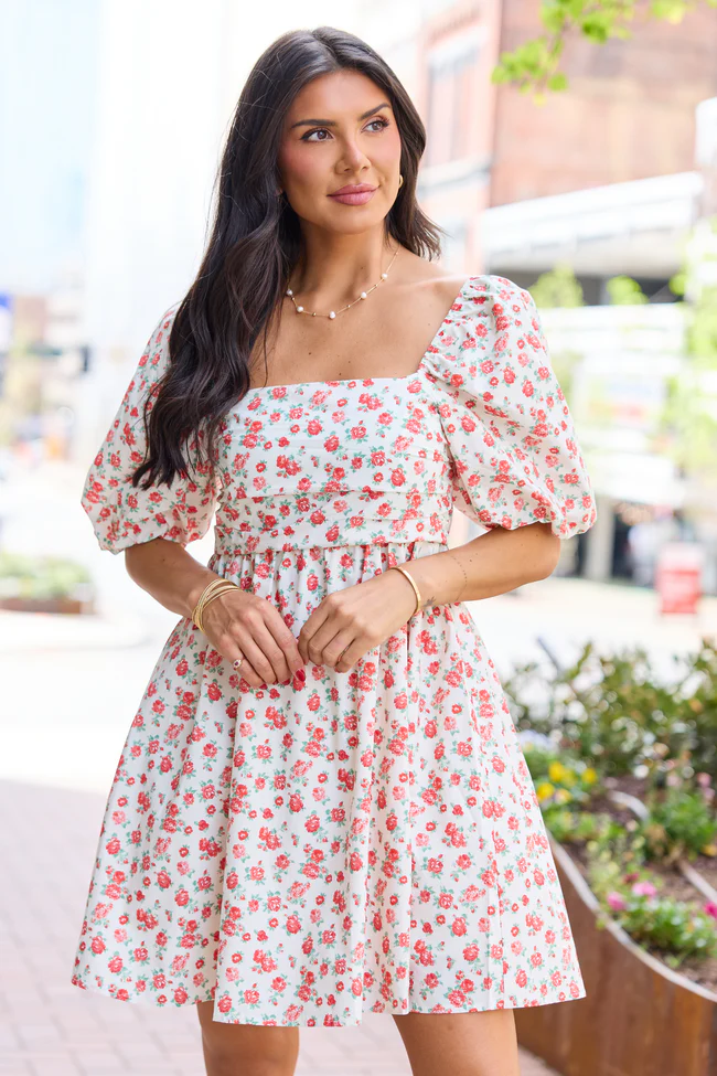 I'm Just A Girl Ivory and Red Rosette Printed Mini Dress FINAL SALE - Image 4