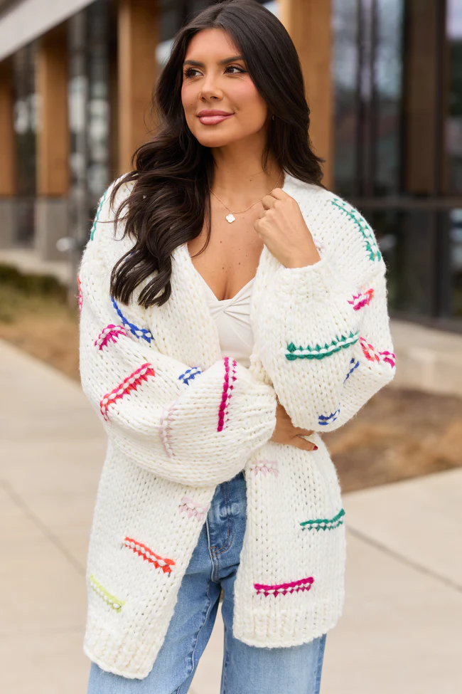 Janet Ivory And Multicolor Chunky Knit Open Cardigan FINAL FINAL SALE