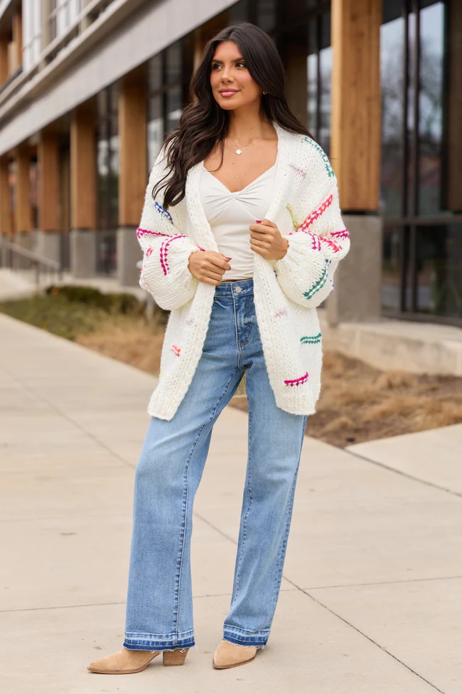 Janet Ivory And Multicolor Chunky Knit Open Cardigan FINAL FINAL SALE - Image 2