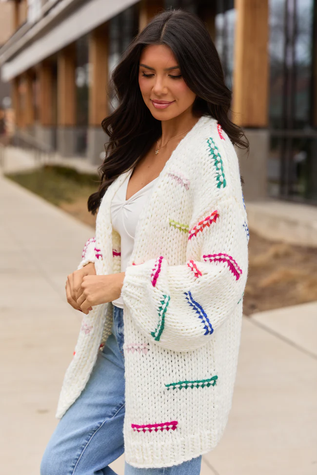 Janet Ivory And Multicolor Chunky Knit Open Cardigan FINAL FINAL SALE - Image 3