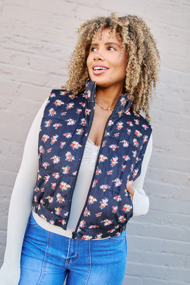 Janice Black Floral Print Puffer Vest FINAL SALE - Image 3