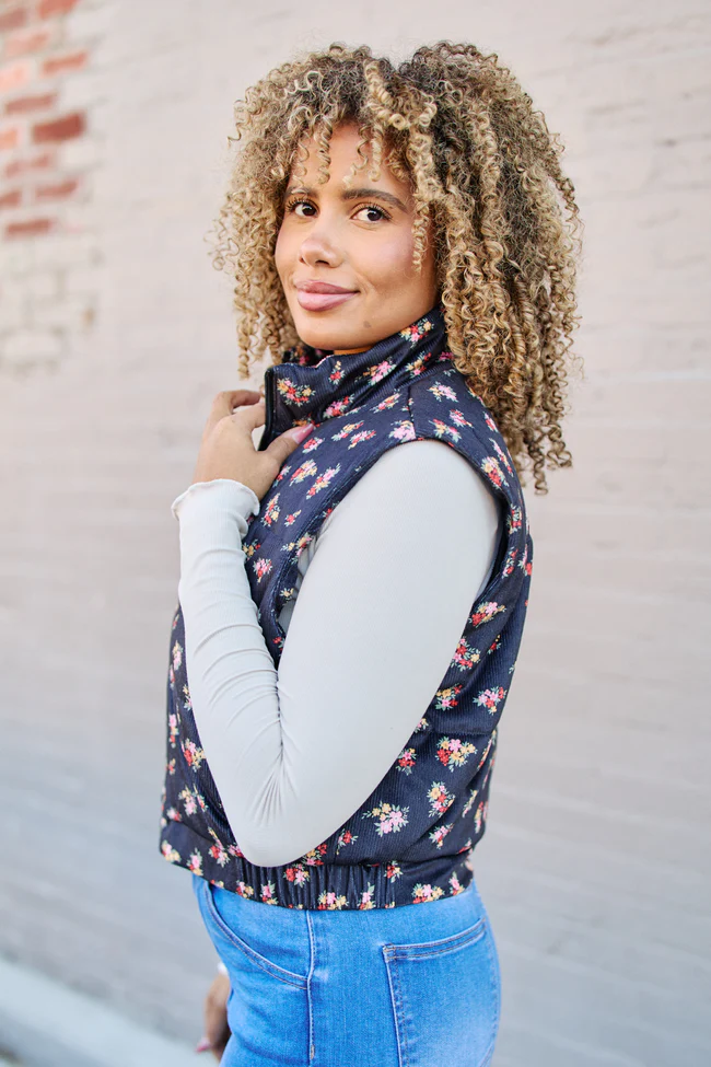 Janice Black Floral Print Puffer Vest FINAL SALE - Image 4