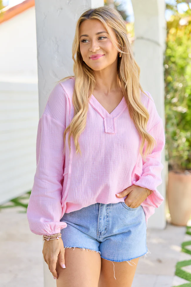 Jenna Pink Gauze V-Neck Tunic SALE