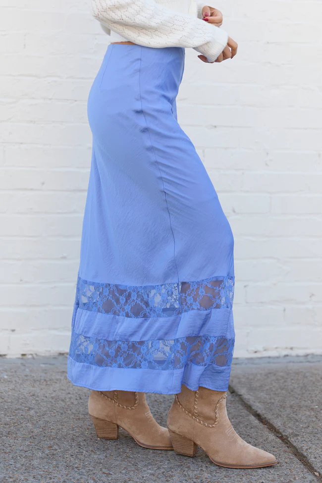 Kaden Blue Satin Lace Inset Midi Skirt FINAL FINAL SALE - Image 3