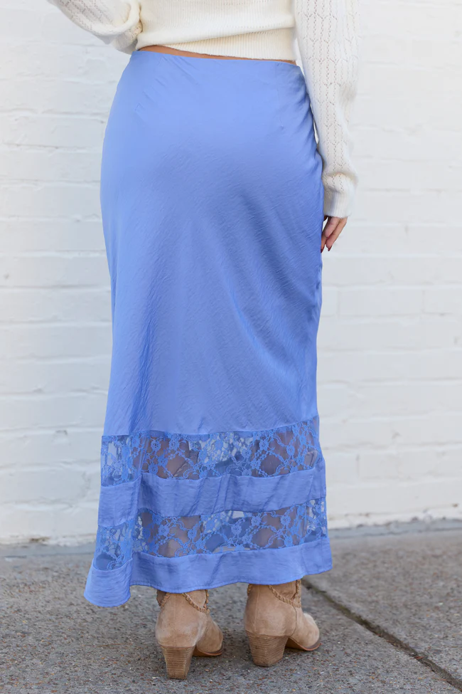 Kaden Blue Satin Lace Inset Midi Skirt FINAL FINAL SALE - Image 4